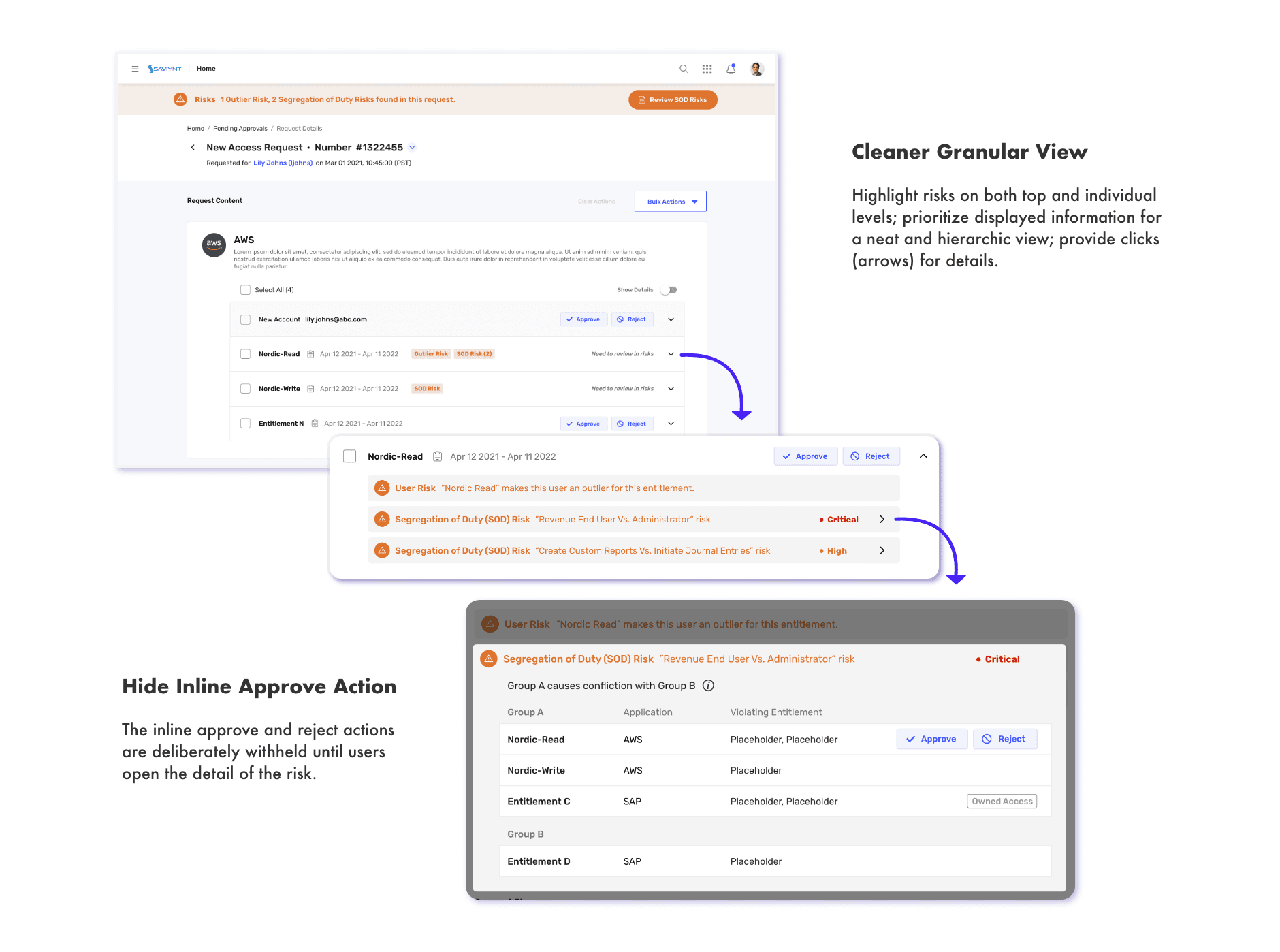 High-risk state: the quick approve is withheld until the risk detail is opened