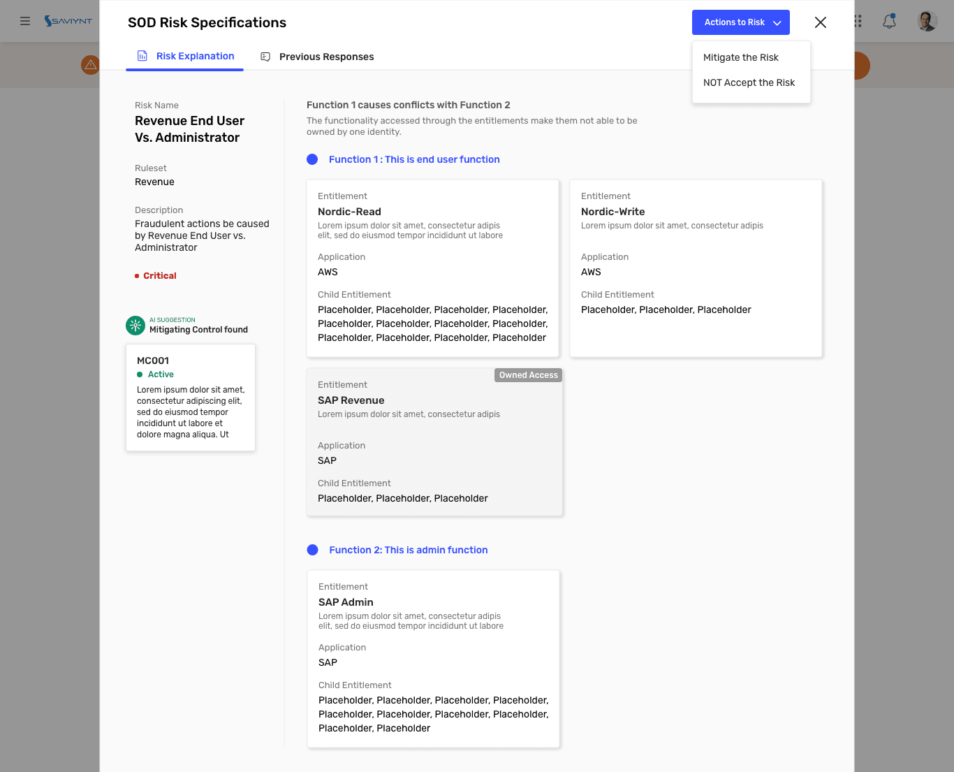 The Risk Owner's SOD risk specification page: the rule, its conflicting functions and entitlements, a mitigating control, and the mitigate-or-accept risk actions